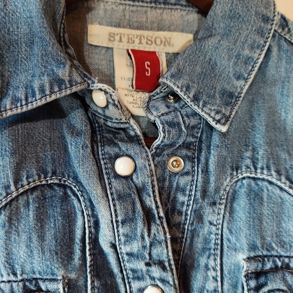 Girls Stetson Western Denim Pearl Snap Long Sleeve Shirt - Picture 6 of 8